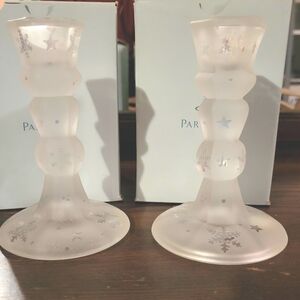 PartyLite Frosted Snowflake Snowy Nights Taper Candle Holders Pair Of 2